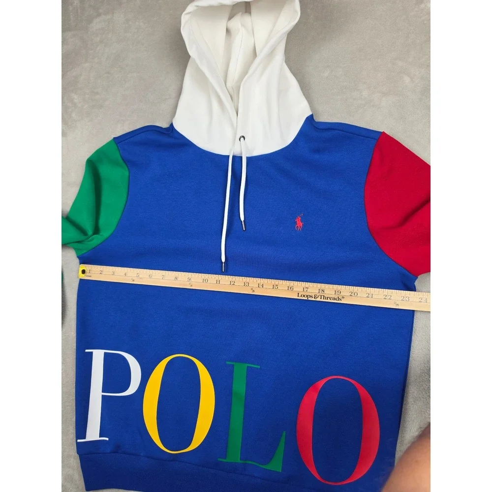Polo Ralph Lauren Double Knit Hoodie Mens L Blue Colorblock Big Logo Sweatshirt